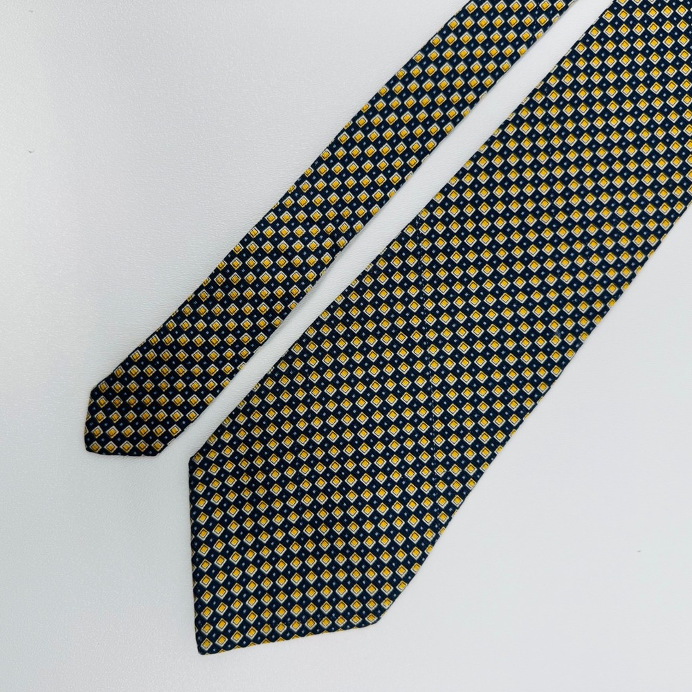 Lauren Ralph Lauren Mens Silk Tie Blue Yellow Geometric Square Pattern Hand Made